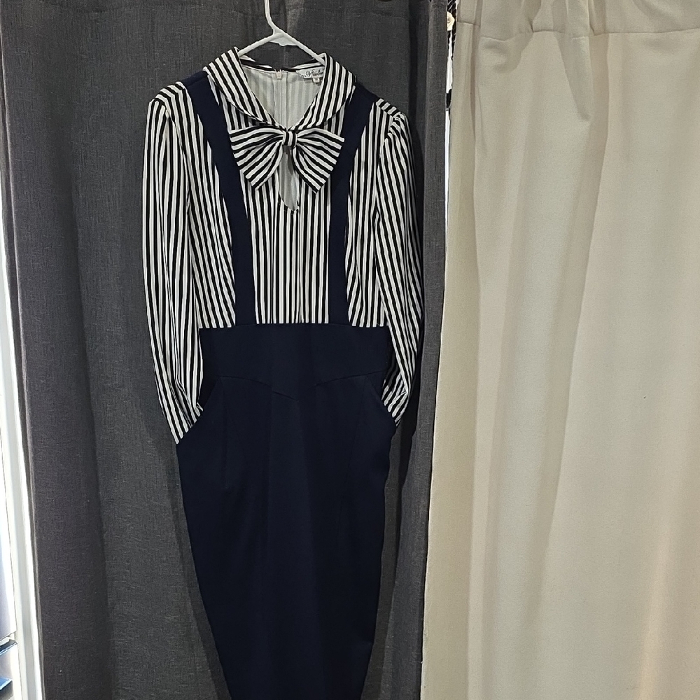 Navy Suspender Pencil Skirt with Black and White Striped Bow Blouse